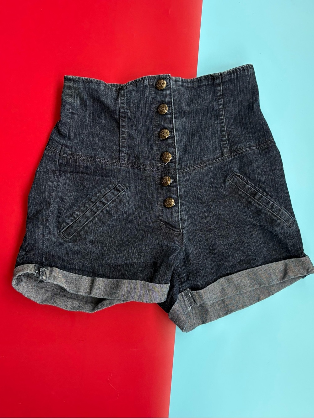 Vintage Y2K Denim Shorts 27 Made USA High Rise Button Front Dark Wash Stretch